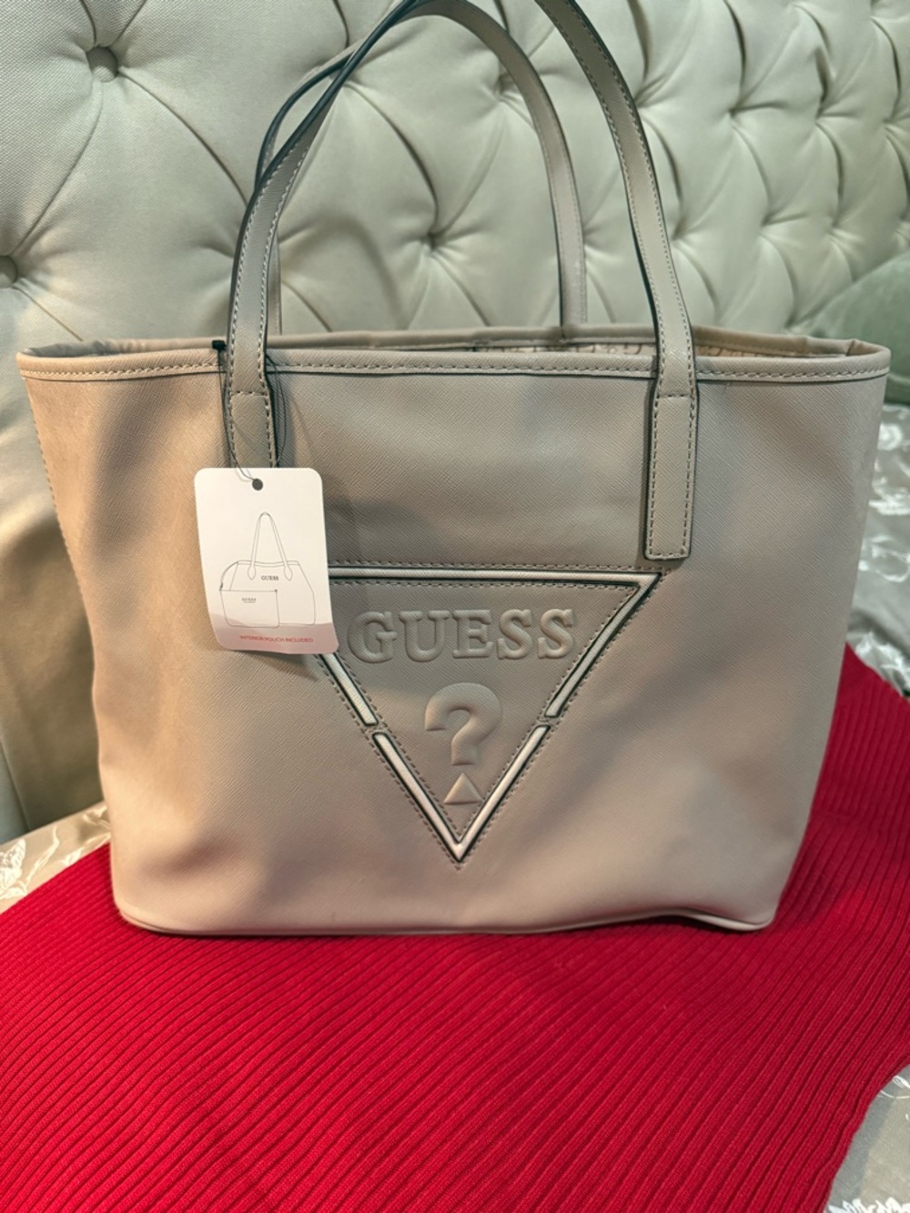GUESS Beige Tote with Embossed Triangle Logo